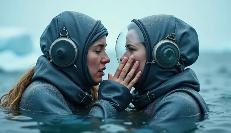  women wearing  tight hazmatsuit underwater  Antarcticas  iced surface puts her hands on her mouth because she cant breathe and trying desperately to take  her girl-friends  wearing working glassed  helmet connected to oxygen tank to breathe