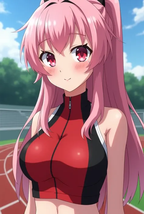 ultra quality photo, ((20 years old anime girl in a red and black track and field uniform)), dean, (narrow hips), 1 girl, ((diaphragm crop top)), blushing, masterpiece, best quality, absurd, award winning photo, extreme detail, extremely intricate, large b...