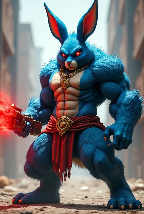 Male rabbit tall muscular red eyes gold necklace holding a red Ump gun with pointed ears covered in blue hair 