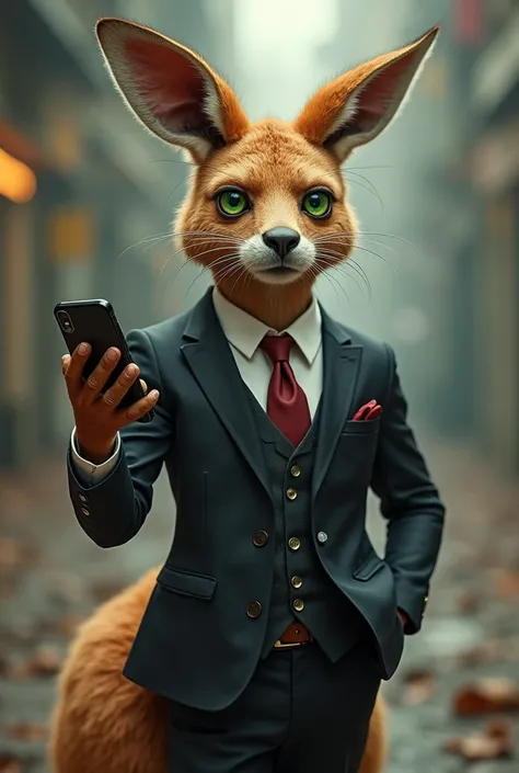 A beautiful baby kangaroo in a suit with green eyes and muscles and very attractive and ready for war and with a cell phone in his hand and ready for battle 