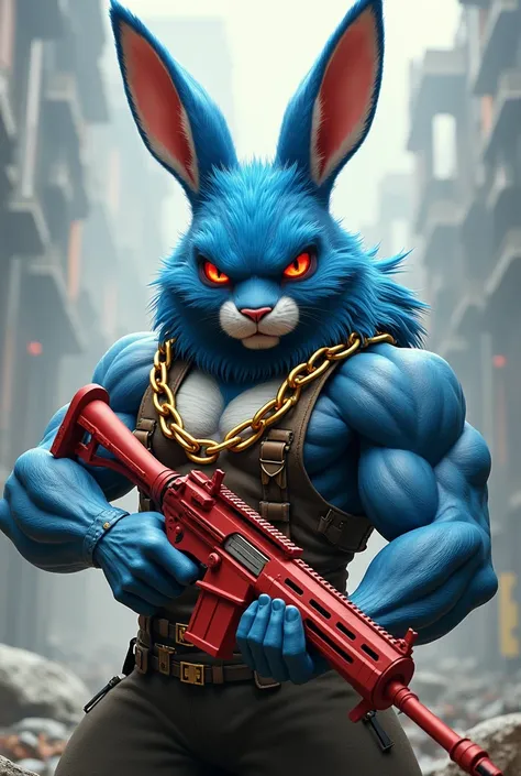 Male rabbit tall muscular red eyes chain on the gold neck holding a red Ump gun pointed ears covered in blue hair with red gun in his hand 