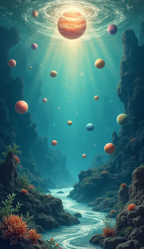 create a back cover of a magazine in which the background is an ocean and the fish are planets and its a bohemian style