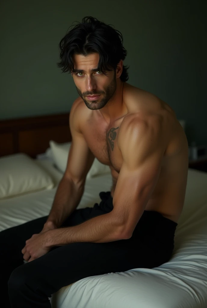 Dominant Italian man with pale white skin,  with black hair and green eyes , sitting on the edge of the bed ,  wearing shirtless black pants 