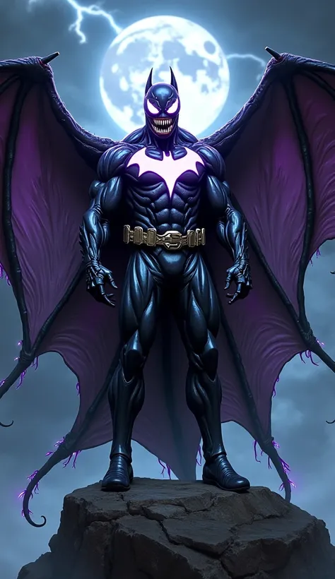 Design a full-body image of a hybrid superhero combining Venom and Giant Batman. The character stands confidently on a rocky cliff, with massive, bat-like wings that have symbiotic tendrils extending from the edges, glowing faintly in dark purple and black...