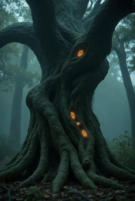 26. "A close-up of the cursed banyan tree, with glowing symbols and spectral faces subtly visible in the bark."

