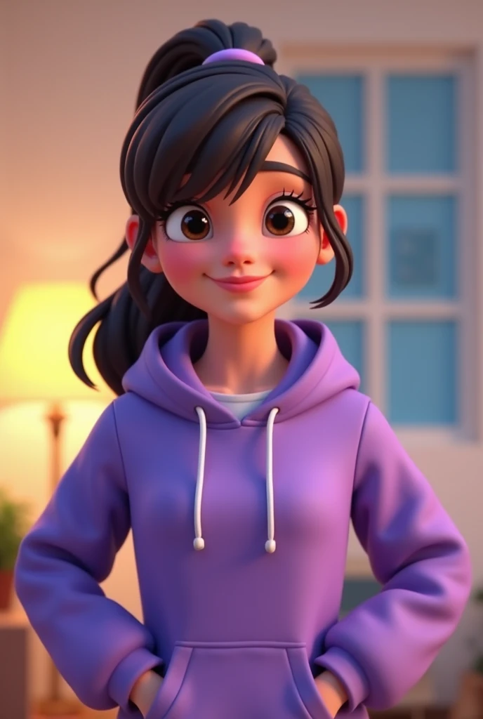 An animated 2D animated female character ,  with defined lines and a flat design characteristic of digital cartoons. has a ponytail,  purple hoodie and a fringe covering her eyes , smiling confidently , representing a content creator in a room environment ...