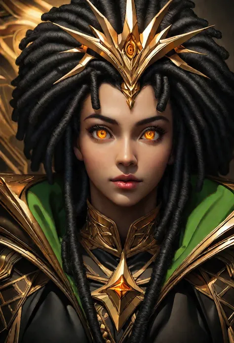 (conceptual art) of a (Afro-americano) eyes, with dark [therefore] dreadlocks, ( golden eyes), dark (pele morena), (adult) prodigio , (sci-fi) wizard, (regal),Green mantle (prince), (close-up),  Perfect Composition,  hyperdetailed , 8k,  porn movie , ( det...