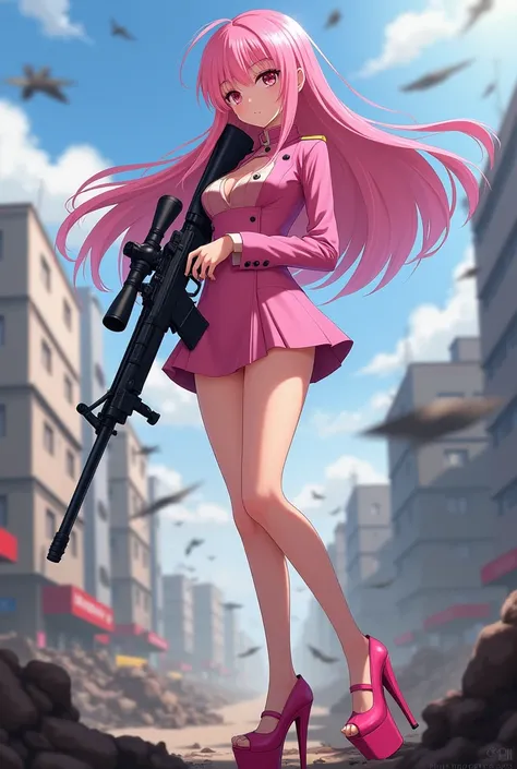  In the anime style .
 long pink hair.
 in high heels open platform in stiletto heels and pink.
 in high heels platform in war . 
 uniform dress style short and pink . 
holding a sniper 