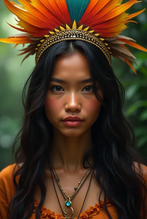 A pretty Panamanian native woman in Nagua with long hair and bird feathers on her head