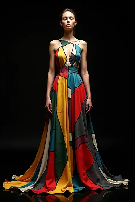 model in a dress with matching accessories inspired by the artistic style of Pablo Picasso paintings with a black background. Imagine a dress designed by Picasso if he were a fashion designer. 