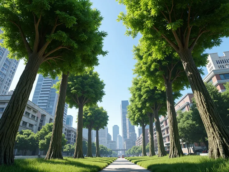 city with front-facing perspective trees