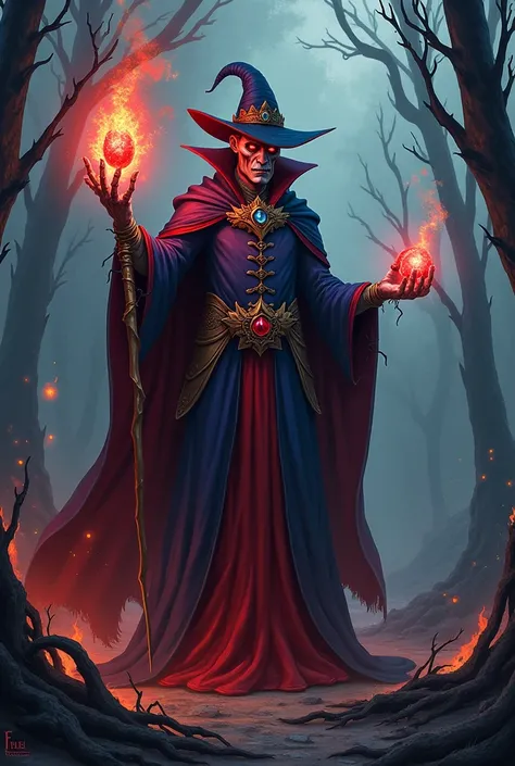 Il est malefique il a un chapeau rouge une cape bleu une pierre magique rouge une canne dor en feu cest un vieu vampire et il a des yeux rouges il vit dans une forêt brûlée 