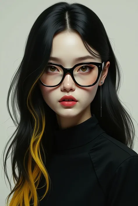 Lady with glasses ,  white complexion , long black hair with yellow tips, high, medium build 