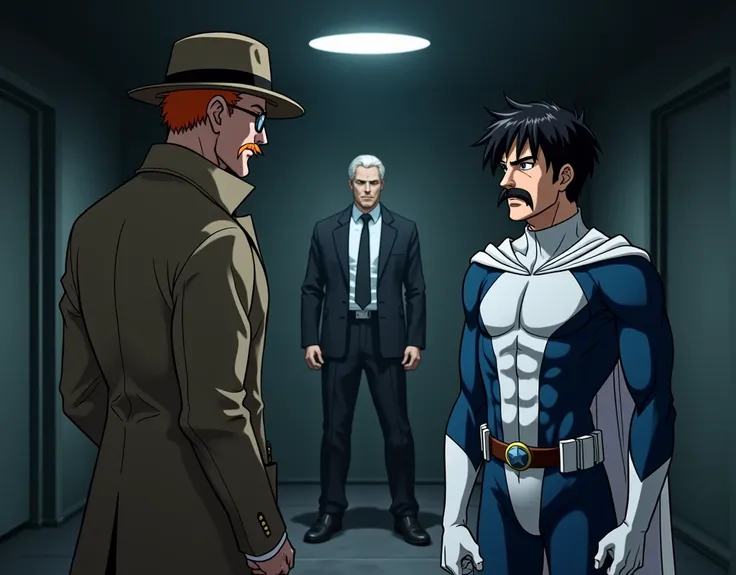 Scene involving three characters. Character 1: (Single character, male, 50s, orange hair and mustache, glasses, police commissioner, fedora hat, trench coat, stern facial expression). Character 2: (Middle-aged man with short black hair, in white cape, hand...