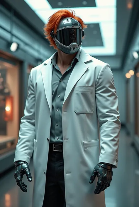  Superhero scientist man in white lab coat and futuristic metal gloves,   red hair,  wear a helmet that covers ONLY the right side of his face ,  and the helmet has a superior gas outlet , Because he had an accident with explosive experiments . The image m...