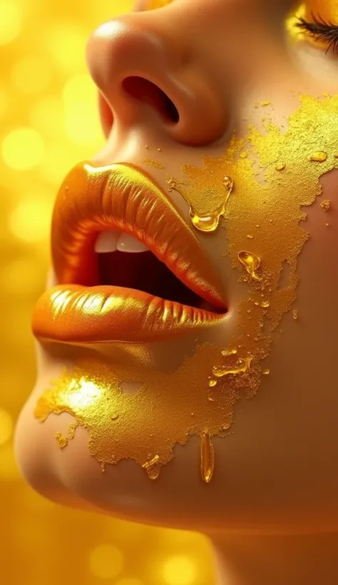 Ultra-realistic image: womens lip skin like golden oil. The surface and structure of the lips appear as if they were made of fresh, oily and rich golden oil. Lips should have a texture that is as close as possible to the structure of golden oil.