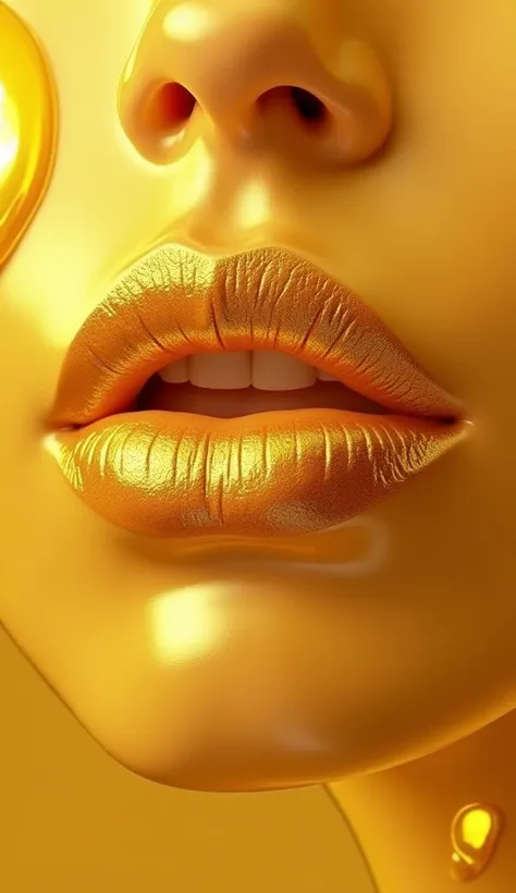 Ultra-realistic image: womens lip skin like golden oil. The surface and structure of the lips appear as if they were made of fresh, oily and rich golden oil. Lips should have a texture that is as close as possible to the structure of golden oil.