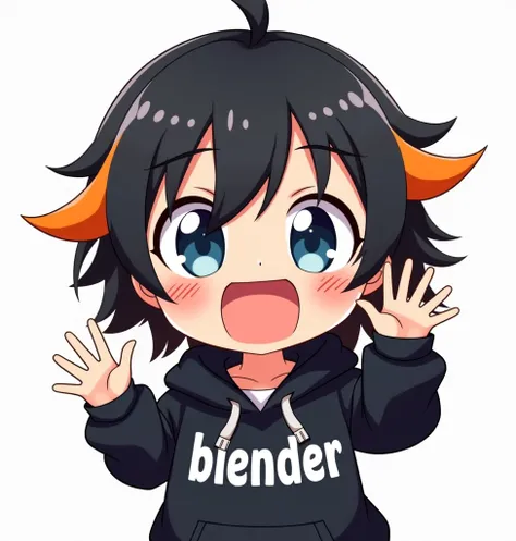 A vibrant anime-style cartoon chibi girl with short black hair and striking orange streaks. She has wide, sparkling blue eyes filled with excitement, an open-mouth smile full of energy, and her hands playfully raised near her face in a dynamic pose. She we...