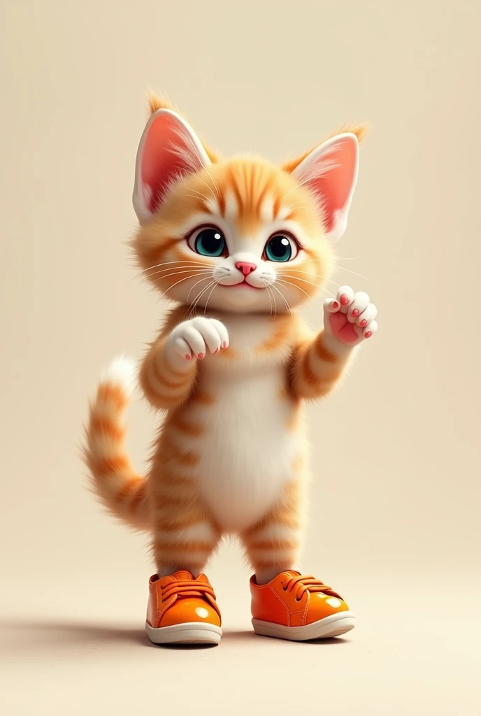 Image of a kitten standing but two legs wearing orange shoes