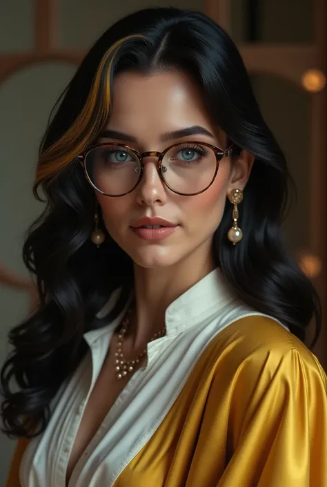 Adult lady with glasses,  white complexion , long black hair with yellow tips, high, medium build 