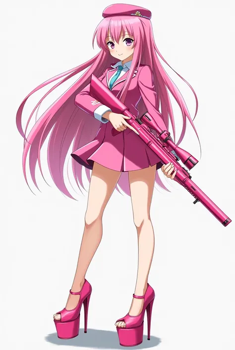  In the anime style .
 long pink hair.
 in high heels platform showing open feet in stiletto heels and pink.
 in high heels platform showing feet in war . 
 uniform dress style short and pink . 
holding a pink sniper  