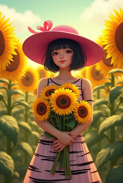 create a woman with short black hair standing infront of a many sunflower then the woman is wearing a pink like magenta curly big strawhat with ribbon on top holding a 5 piece of sunflower with black and white big dtripes 4 stripe like black white bkack wh...