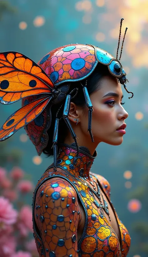 A mesmerizing hyperrealistic portrait of a woman metamorphosed into a psychedelic ladybug, with her body intricately adorned in vibrant, iridescent scales. The ladybugs exoskeleton is fashioned into a chic and elaborate costume, showcasing intricate detail...