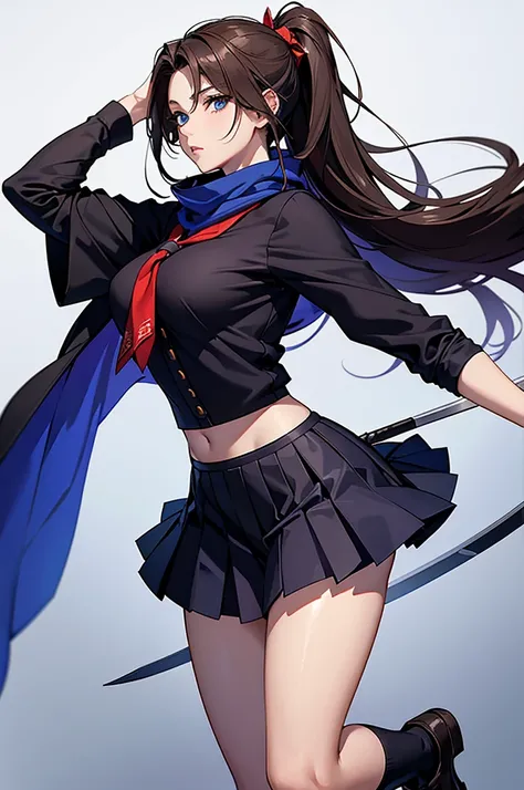 最High image quality, masterpiece, 4K, High image quality,  super high resolution,  of the prairie , CG drawing（ one cool adult seductive woman 、）Hair、Brown Hair、It has a glossy finish.。 Hairstyle、Long Hair、 straight、 high ponytail、（もThe sideburns are、It is...