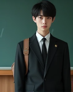 Front view,The clothes are exactly as shown in the picture.,Japanese man, 20 years old, thin body, very white skin,Wearing the typical black Japanese male student outfit, carrying a brown backpack,Very realistic, finest details, very natural, cinematic, be...