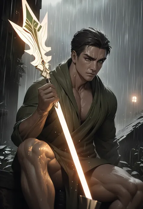 a muscular man with green eyes and a green robe, holding a glowing white spear, sitting in a rainy background, detailed face, highly detailed, cinematic lighting, muted colors, dramatic, photorealistic, 8k, award winning, trending on artstation