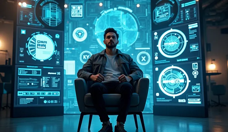 YouTuber man set in chair with beautiful tech backgrounds