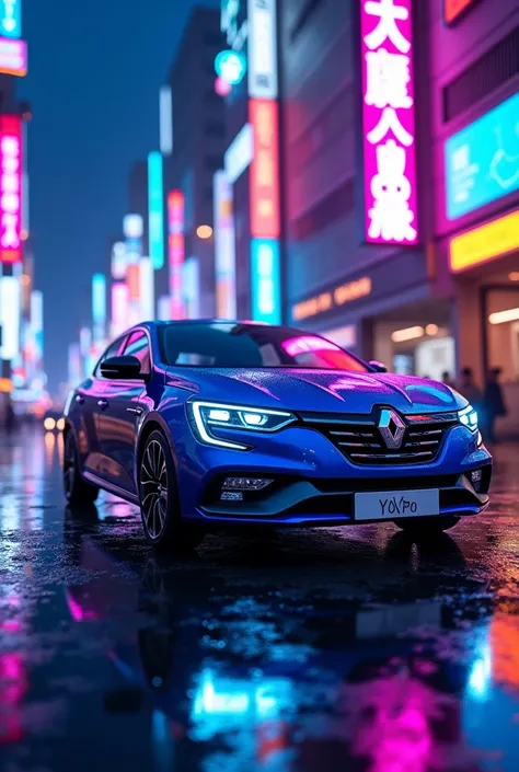 Renault Fluence under blue and purple neon lights in Tokyo