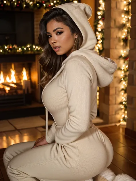  Beautiful woman with a good body and large breasts  , molded hips  , with a big butt,  a Latina with Chinese eyes and light brown color with long eyelashes, long hair wearing clothes for the cold like white jumpsuit pants and white hooded sweater sitting ...