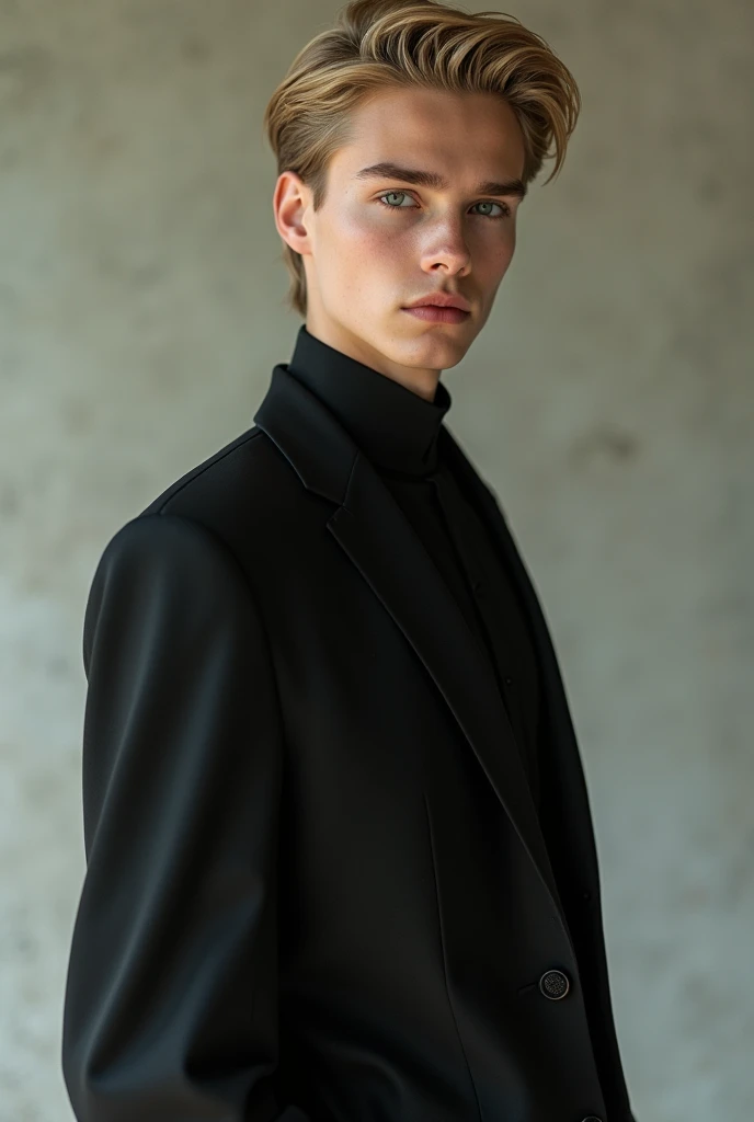 A beautiful boy, Tall white green eyes blonde and wearing a black suit, Make it look realistic and strong 