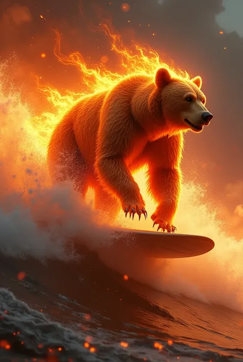 Une ours en feu sur qui fait du surf sur une vague de feu