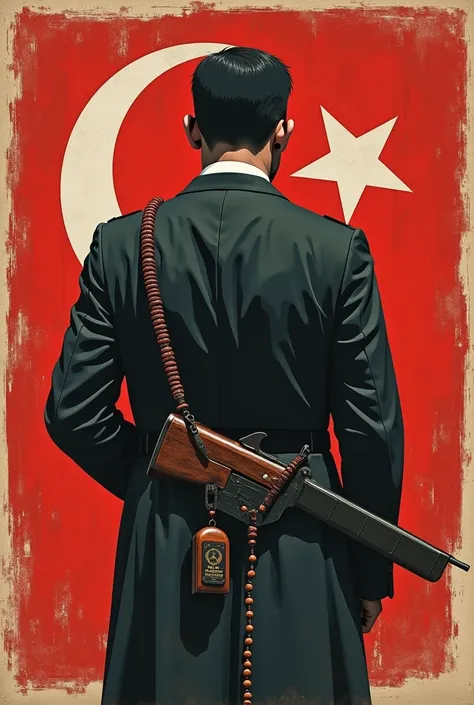 A book about the Azerbaijani mafia in the 1950s should have a Soviet flag on the back of its cover. the picture should not be a person, but a weapon and a rosary, and "Soltan Huseynli" should be written at the top of the book, with "Huseynovlar" slightly s...