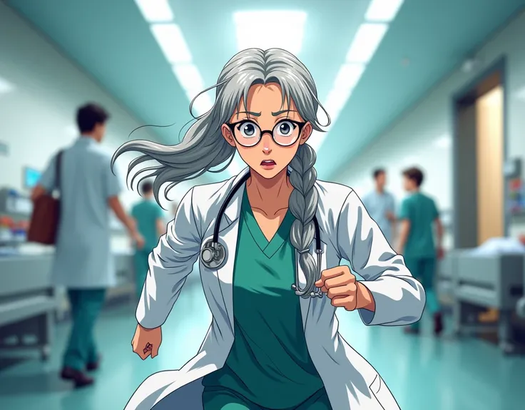 An elderly woman with long gray hair that has a single braid, she is a doctor in a busy hospital, wears glasses, concern facial expression, shes rushing through a hospital on her way to help a patient, anime art style