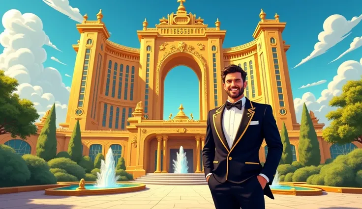 "Create an illustration of an opulent golden hotel with intricate architecture, featuring tall, luxurious towers, golden walls, and a grand entrance. The hotel is surrounded by a landscaped area with fountains and greenery. Above the entrance, a prominent ...