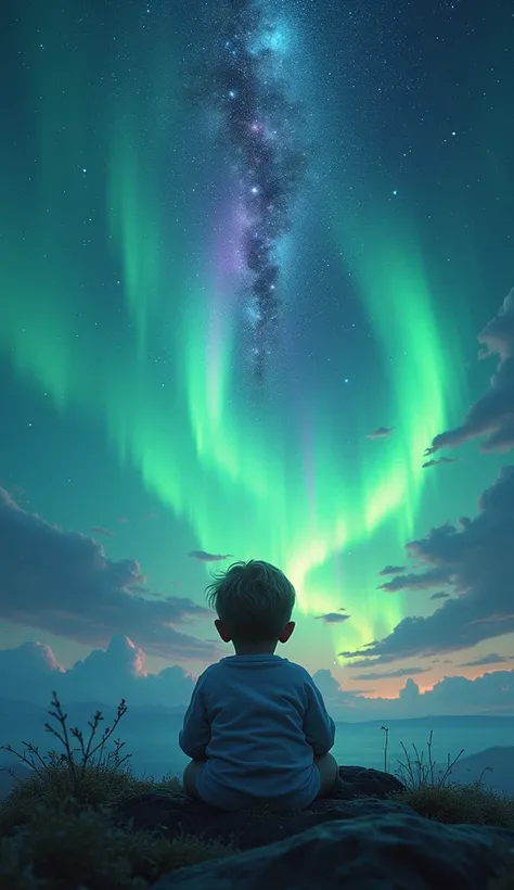  create the back cover of a magazine in which the background is an incredible landscape with northern lights, galaxies , stars and vibrant colors and having a baby sitting enjoying it  