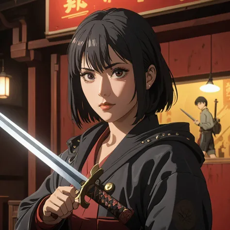 una persona con una sword en la mano,  in a black and white image , 1 girl, Arm, Alone, holding, sword,  black hair, holding un Arm, red background, katana, holding una sword,  looking at the spectator , Shiny hair,  shorts , jacket,  detailed hair, string...