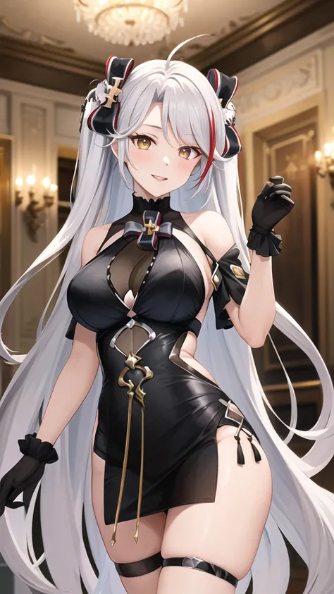 masterpiece, best quality, highres, ddeugen, long hair, two side up, antenna hair, hair bow, bare shoulders, cleavage, black dress, see-through, black gloves, thigh strap, indoors, chandelier, standing, cowboy shot, smile,