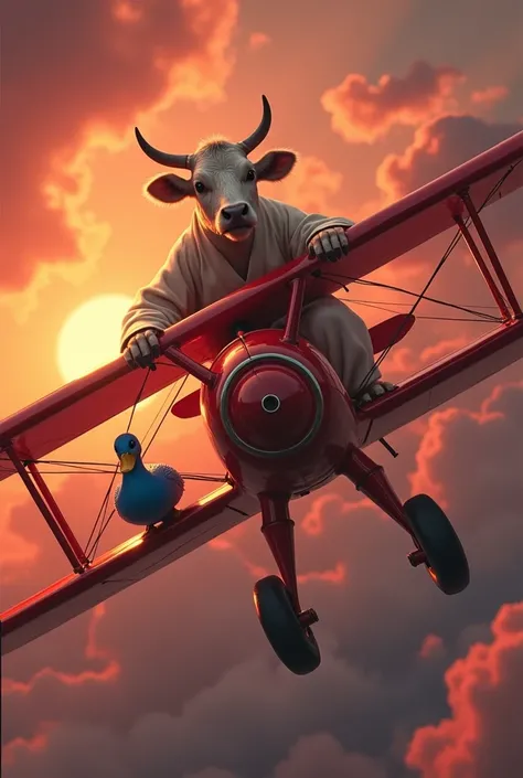 a cow flying in a red light plane while being chased by Jesus Christ riding a blue duck  