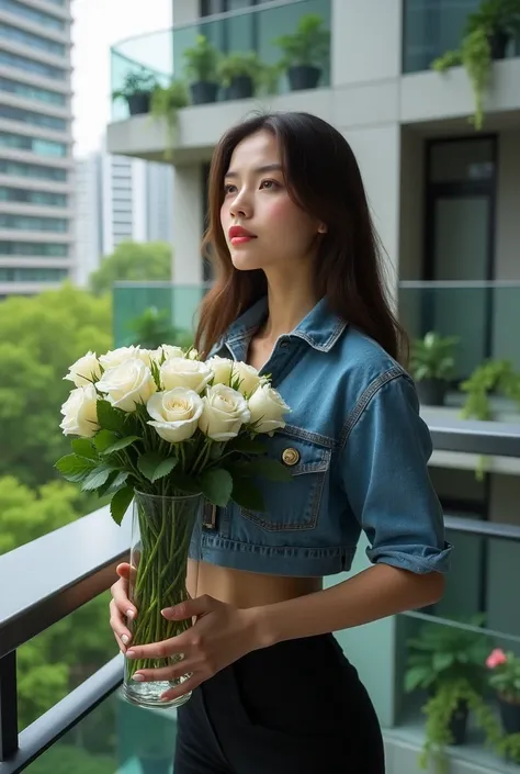 young woman standing on a modern balcony, holding a tall glass vase filled with white roses and green foliage. She has long, straight brunette hair and is gazing slightly upward with a confident and serene expression. She wears a cropped denim shirt with s...