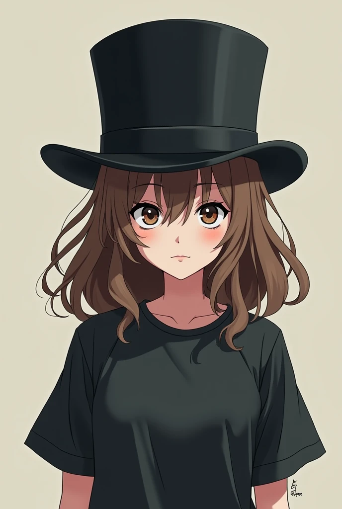 a deep girl in a black top hat, and coffee hair  In the anime style with a casual t-shirt and a mini nuke going through his body