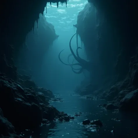 A mysterious underwater scene in an ocean abyss, featuring a dark, shadowy environment with soft bioluminescent glows illuminating parts of the scene. The image includes hints of underwater caves, faintly visible tentacles in the distance, and shimmering l...