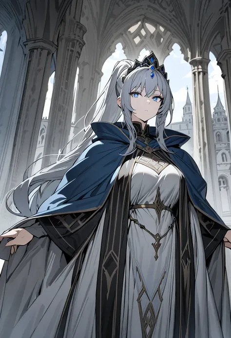 (highres, masterpiece), gray hair, blue eyes, robe, cape, pelvic curtain, castle ceiling in background, tiara, thighhighs, expressionless, ponytail, long hair, (large breasts, thick thighs:0.7)