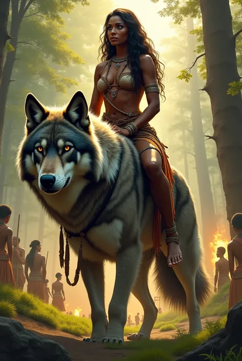 Create me a realistic image of a black woman riding a giant wolf among her people 