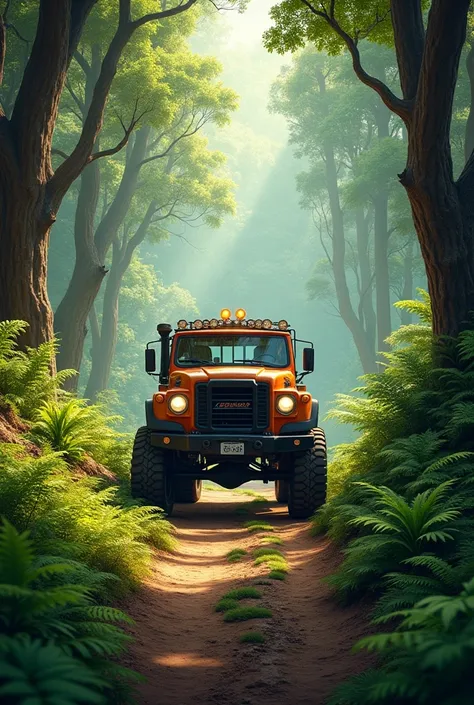 Make a truck on a road full of plants in the forest
