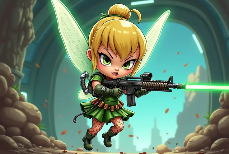 Create a full-body illustration in chibi style/cartoon da personagem  " tinkerbell" da Disney.   She is wearing a cyberpunk version of her classic clothes:  A green blouse with a rat skull ,  a belt with projectiles and ammunition of various calibers , a g...