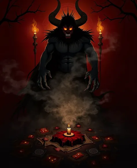 Illustrate a menacing and shadowy Djinn lurking in the background of an eerie supernatural scene. The Djinn is a towering, muscular figure with a partially transparent and smoky form, swirling and merging into the darkness. His fiery eyes burn intensely, r...